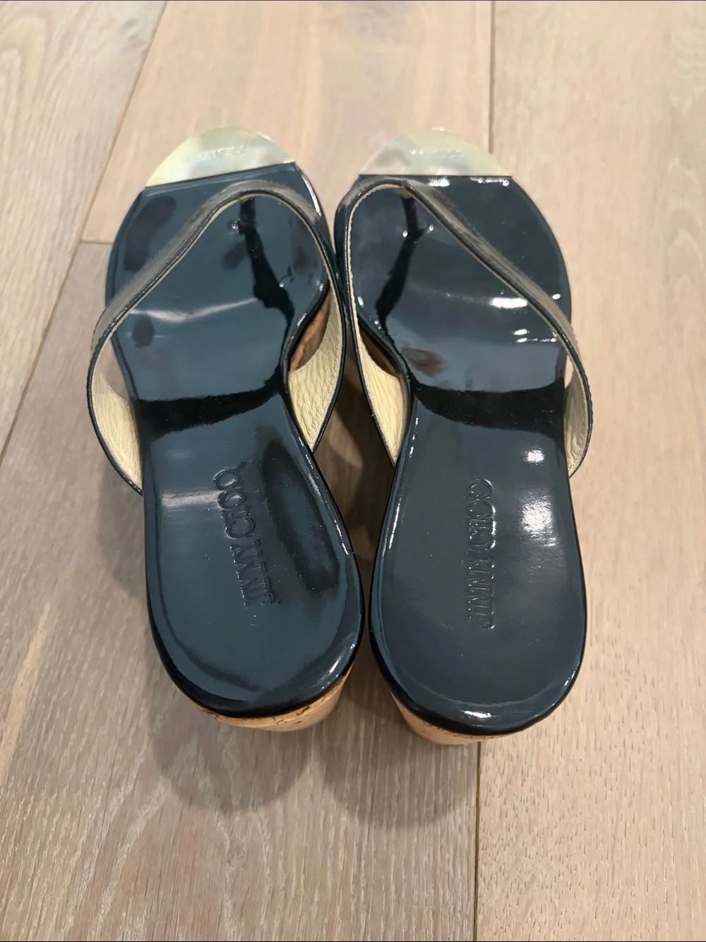 Jimmy Choo Black Patent Cork Wedge Thong Sandals with Gold Toe
